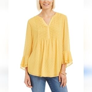 NWT Charter Club Women's Double-Ruffled Textured Bell Sleeve Yellow Blouse Large